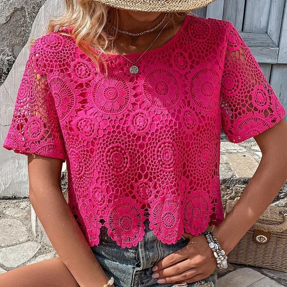 . Tops - Pink Womens Hollow Out Scallop Trim Guipure Lace Blouse
